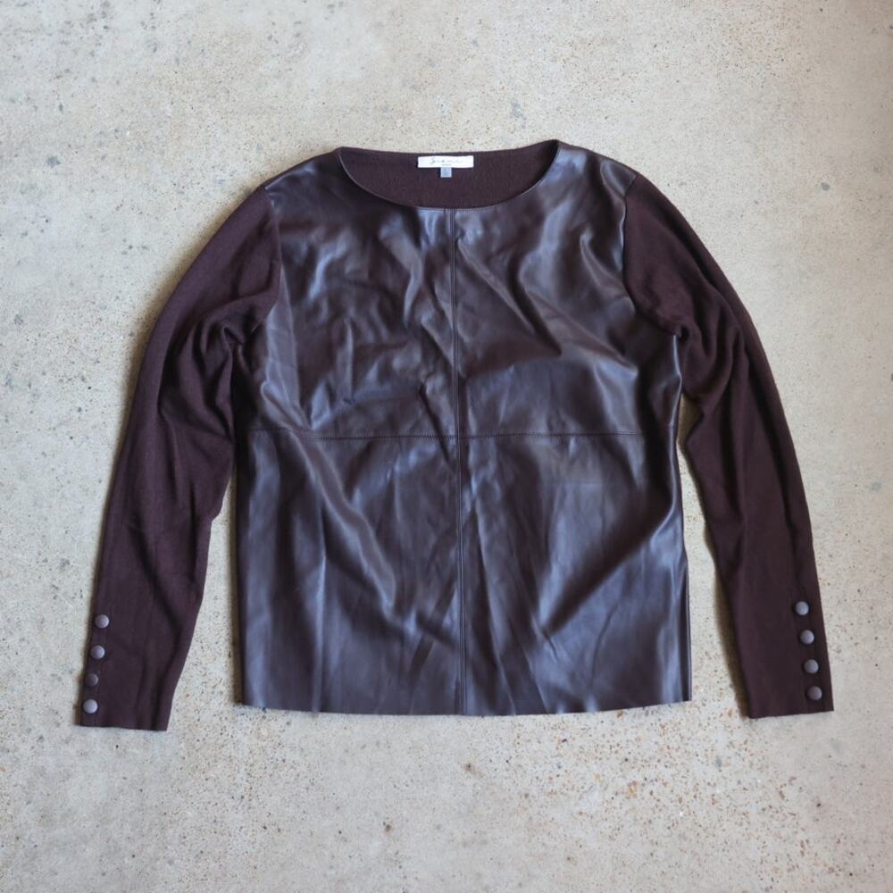 Sioni Milano Brown Faux Leather Panel Long Sleeve Top Size L Quiet Luxury